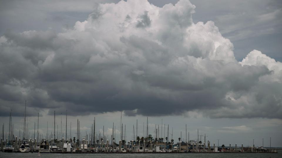 a huge dark storm can be seen in the sky behind dozens of boats floating in a marina