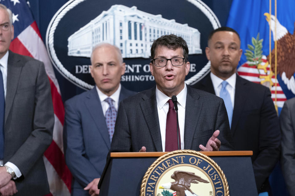 FILE - Gary Restaino , US. Attorney for the District of Arizona, speaks during a news conference at the Department of Justice in Washington on May 16, 2023. In a case brought by Restaino's office, Joshua Russell, of Bucyrus, Ohio, was sentenced Monday, March 25, 2024, in federal court in Phoenix, to two and a half years in prison for his conviction for making an interstate threat against then-Arizona Secretary of State Katie Hobbs during the 2022 campaign season. Russell Had acknowledged making death threats in three voicemails left for Hobbs, who at the time was Arizona's chief election officer and now serves as Arizona's governor. (AP Photo/Jose Luis Magana, File)