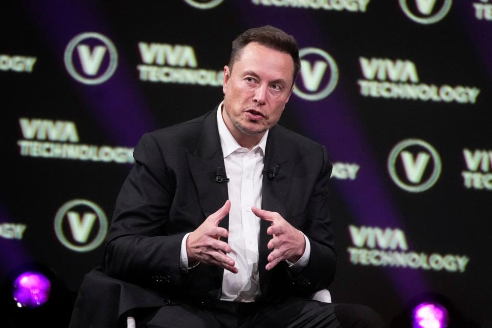 Elon Musk, who owns Twitter, Tesla and SpaceX, speaks in June at the Vivatech fair, in Paris, France. The head of Elon Musk’s social media platform X says the company has removed hundreds of Hamas-linked accounts and taken down or labeled thousands of pieces of content.