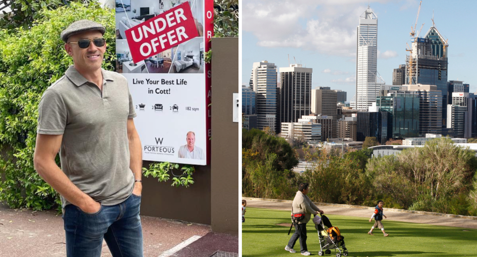 Buyer's agent Ryan Lobik next to shot of Perth's CBD