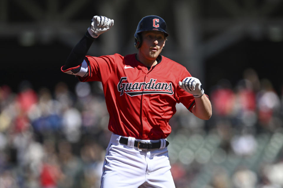 Cleveland Guardians’ Kyle Manzardo celebrates hitting a solo home run during the first inning of a baseball game against the Minnesota Twins, Thursday, Sept. 19, 2024, in Cleveland. (AP Photo/Nick Cammett)