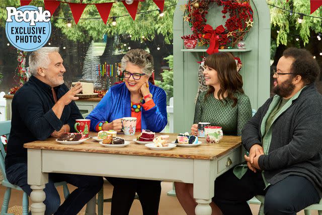 <p>The Roku Channel</p> From left: Paul Hollywood, Prue Leith, Casey Wilson and Zach Cherry on the set of 'The Great American Baking Show: Celebrity Holiday.'