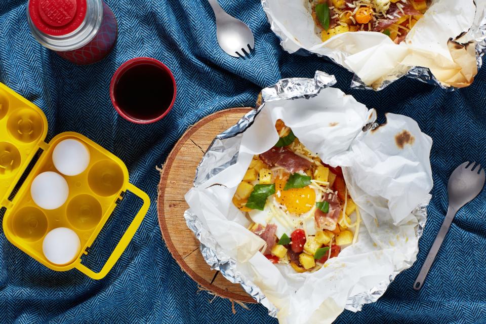 Breakfast Hobo Packs with Polenta, Prosciutto, and Cherry Tomatoes