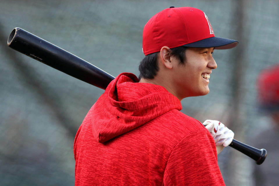 FILE PHOTO: Sep 18, 2018; Oakland, CA, USA; Los Angeles Angels starting pitcher Shohei Ohtani (17) smiles during batting practice before the game against the Oakland Athletics at Oakland Coliseum. Mandatory Credit: Darren Yamashita-USA TODAY Sports/File Photo