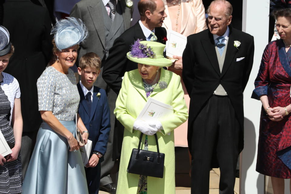 Sophie, Countess of Wessex, James, Viscount Severn, Queen Elizabeth II, Prince Edward, Earl of Wessex, Prince Philip, Duke of Edinburgh and Princess Anne, Princess Royal Prince Philip, Duke of Edinburgh after the wedding of Prince Harry and Meghan Markle at St George's Chapel in Windsor Castle on May 19, 2018 in Windsor, England. 