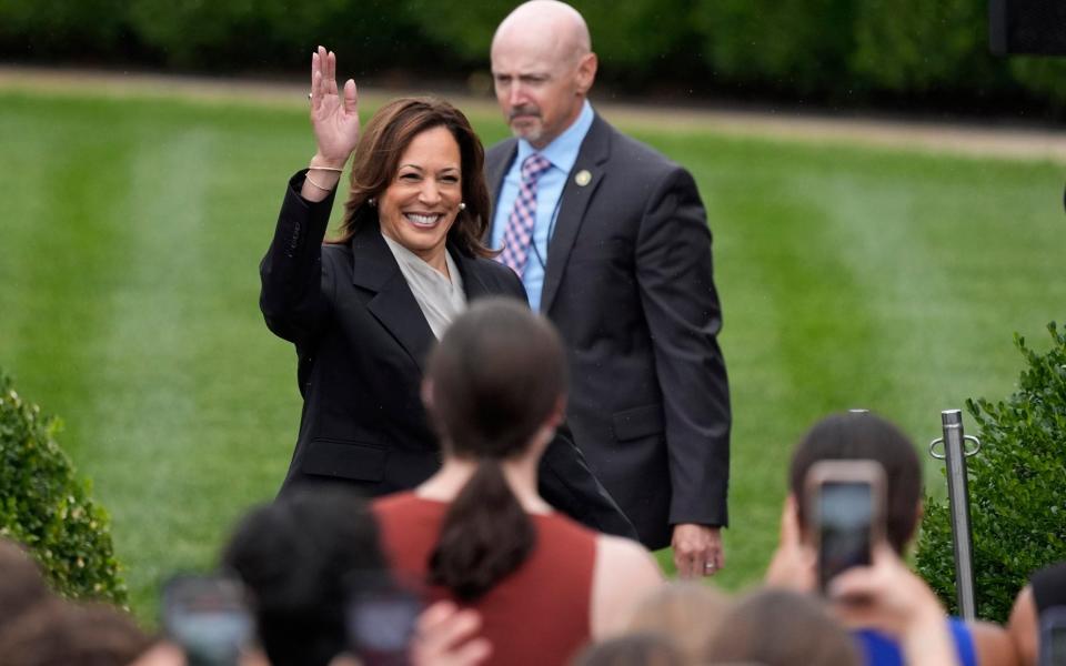 Kamala Harris arrives to speak from the South Lawn of the White House