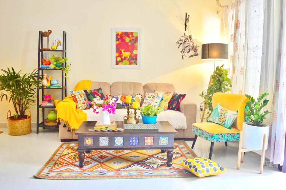 The living room reflects Preeti’s boho style and is vibrant with colours, patterns and textures aplenty.