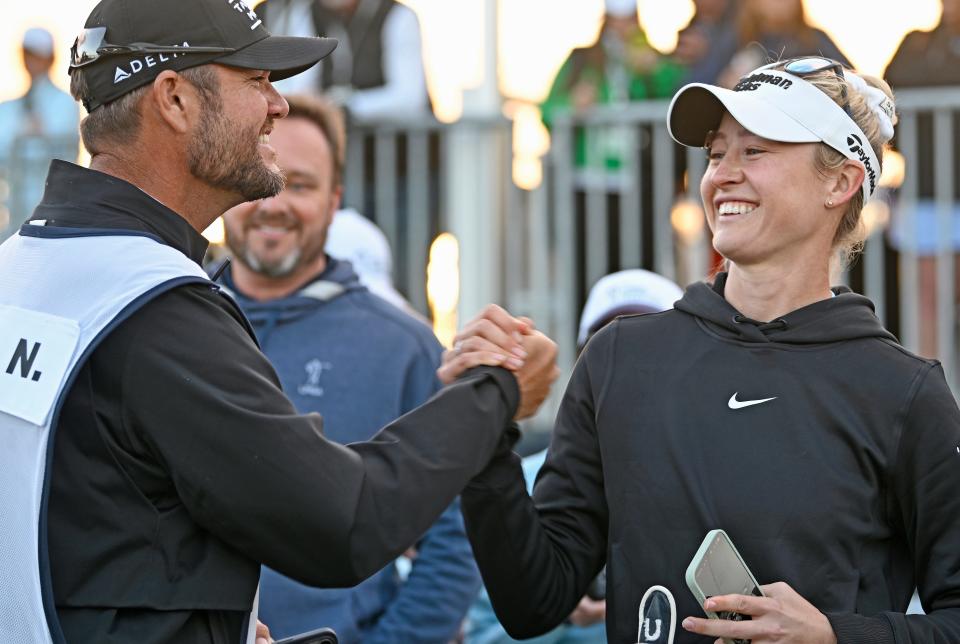 Bradenton's Nelly Korda, on right, celebrating with her golf caddy of seven-years, Jason McDede, on left, after defeating Lydia Ko, off camera, in a sudden-death playoff to capture LPGA Drive On Championship at Bradenton's Country Club on Sunday, Jan. 28, 2024.