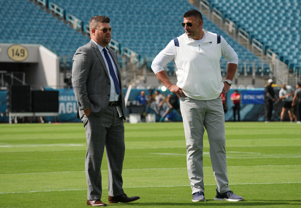 Mike Vrabel has worked with Jon Robinson since he became the Titans' head coach in 2018. (Photo by Mark Brown/Getty Images)
