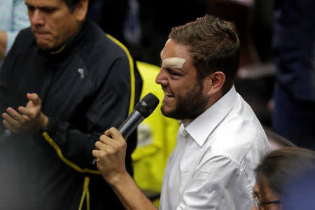 Juan Requesens, deputy of the Venezuelan coalition of opposition parties (MUD), speaks during a session of the National Assembly in Caracas, Venezuela April 5, 2017. REUTERS/Marco Bello