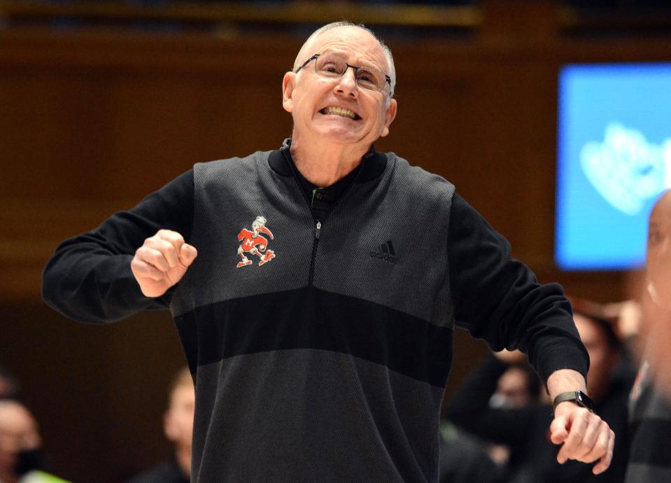 Miami coach Jim Larranaga reacts during the second half of the Canes' upset of Duke on Jan. 8.