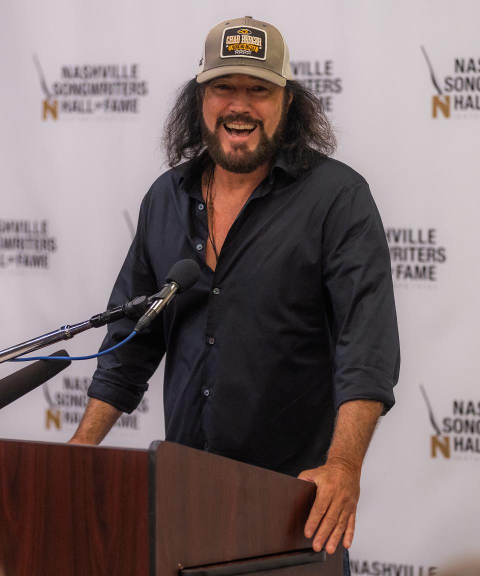 David Lee Murphy speaks during an event announcing that he will become one of the newest members of the Nashville Songwriters Hall of Fame on Aug. 3, 2023.