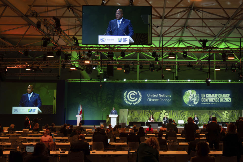 President of Congo Felix Tshisekedi speaks during a session on Action on Forests and Land Use, during the UN Climate Change Conference COP26 in Glasgow, Scotland, Tuesday, Nov. 2, 2021. (Erin Schaff/The New York Times via AP, Pool)