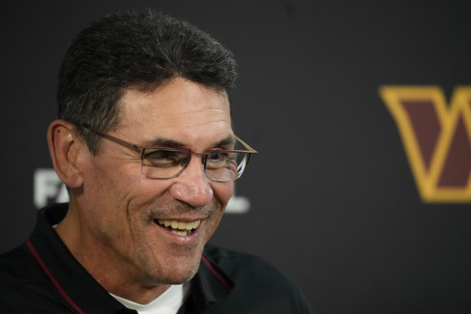 Washington Commanders head coach Ron Rivera talks to reporters after an NFL football game against the Denver Broncos, Sunday, Sept. 17, 2023, in Denver. (AP Photo/David Zalubowski)