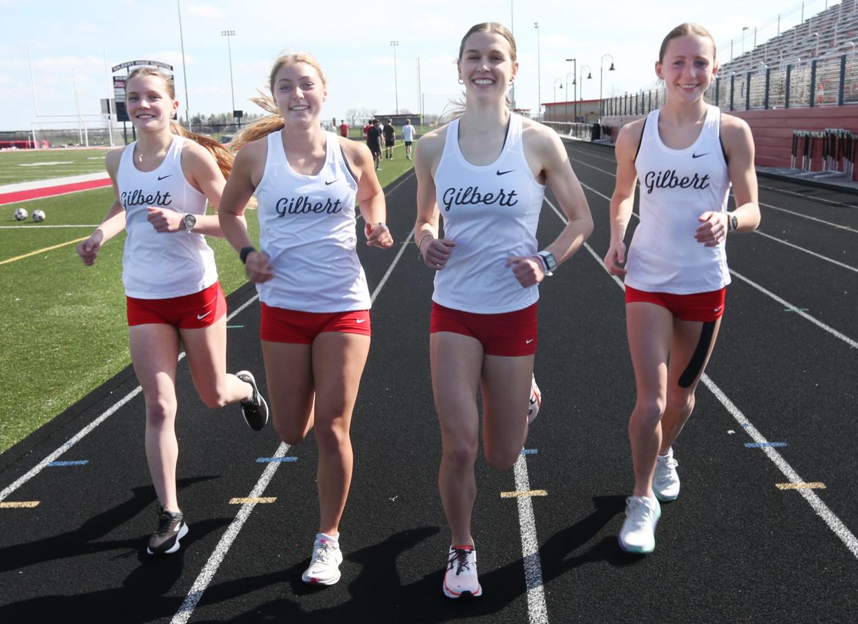 The Gilbert girls 4x800-meter relay team of (from left) Clare Stahr, Sophia Bleich, Sarah Feddersen and Keira Andersen will compete at the Drake Relays this Saturday at Drake Stadium in Des Moines.
