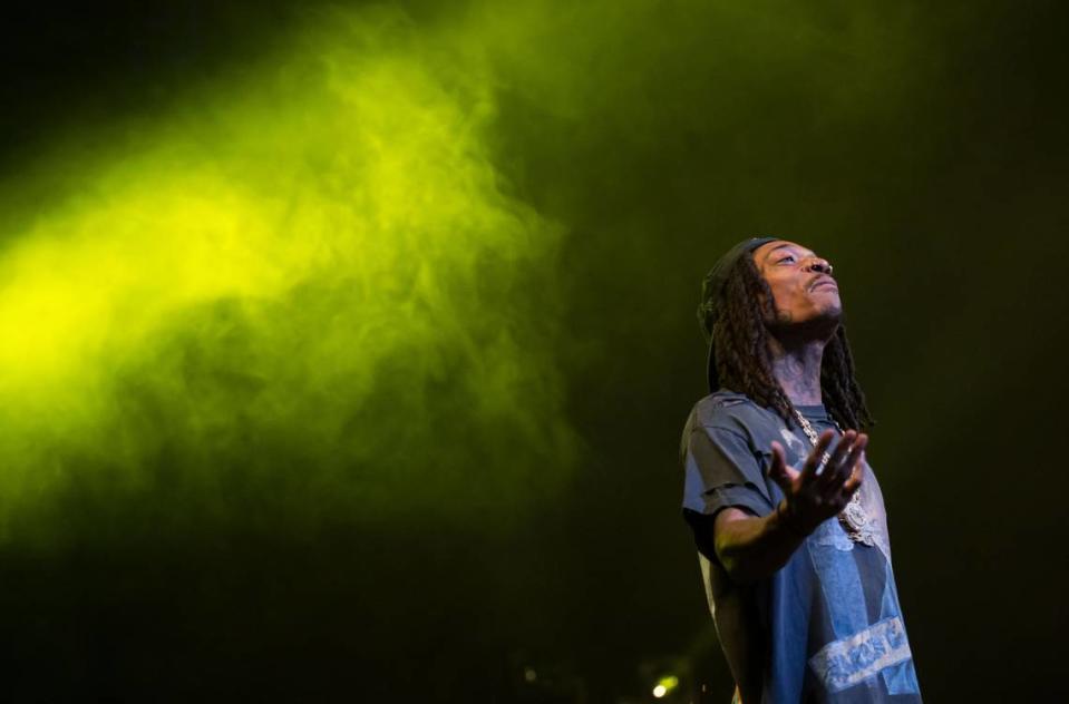 Wiz Khalifa interacts with the audience before performing at Snoop Dogg’s High School Reunion Tour on Friday, Aug. 25, 2023, at Golden 1 Center in Sacramento. Also performing before Snoop Dogg were Too $hort, Warren G, Berner and DJ Drama.