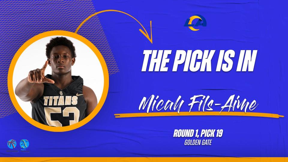 Golden Gate EDGE rusher Micah Fils-Aime, selected 19th overall by the Los Angeles Rams