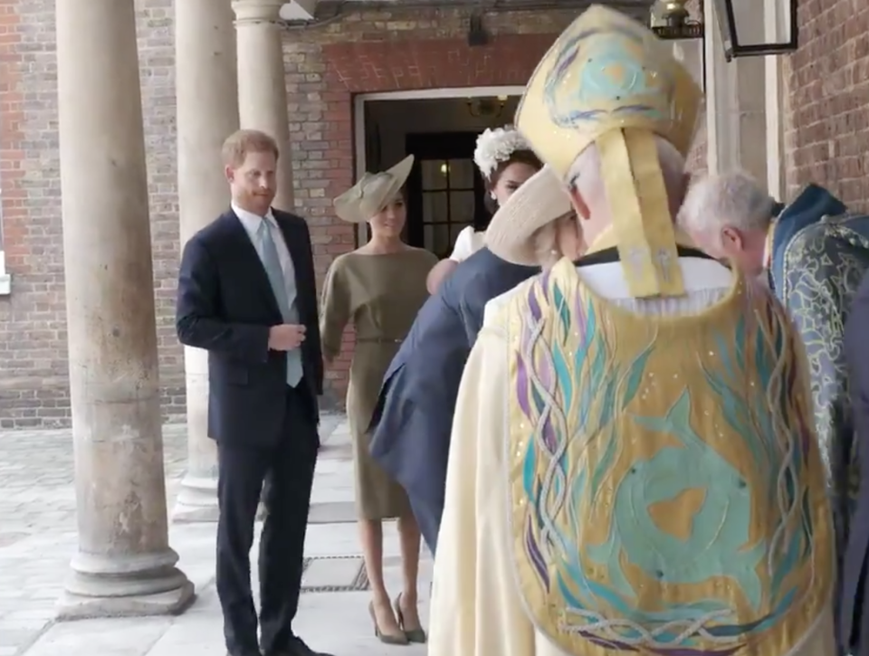 Meghan Markle wore an olive green Ralph Lauren dress for her nephew’s christening. (Photo: Via Kensington Palace)