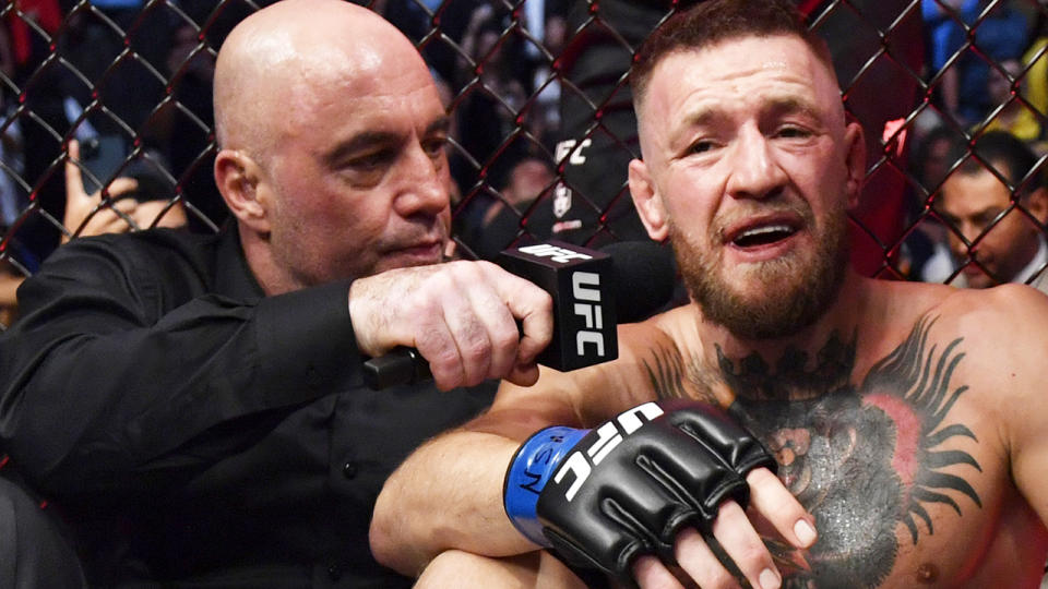 Joe Rogan interviews Conor McGregor after the Irish fighter broke his ankle during UFC 264.