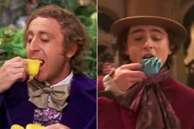 <p>Paramount Pictures; Warner Bros. Pictures</p> Gene Wilder's teacup scene from 1971's 'Willy Wonka and the Chocolate Factory'; Timothee Chalamet in 'Wonka'