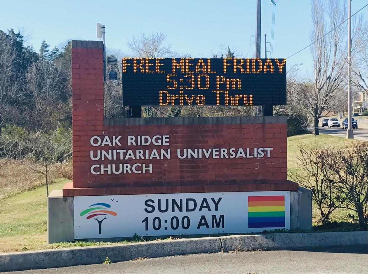 You've probably seen this sign on Oak Ridge Turnpike advertisig a free meal to anyone - no matter their need - on the last Friday of the month. Well, it's this Friday.