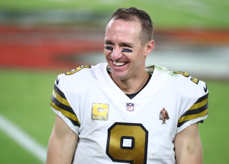 New Orleans Saints quarterback Drew Brees smiles against the Tampa Bay Buccaneers during the second half at Raymond James Stadium on Nov. 8, 2020.