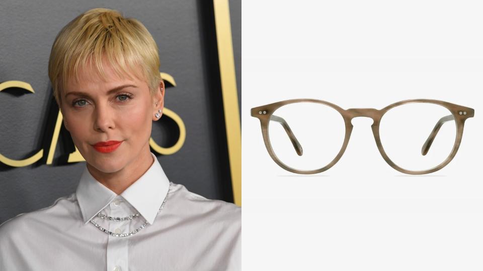 Charlize Theron, Prism Round Chestnut Eyeglasses. (Photo: Getty Images, EyeBuyDirect)