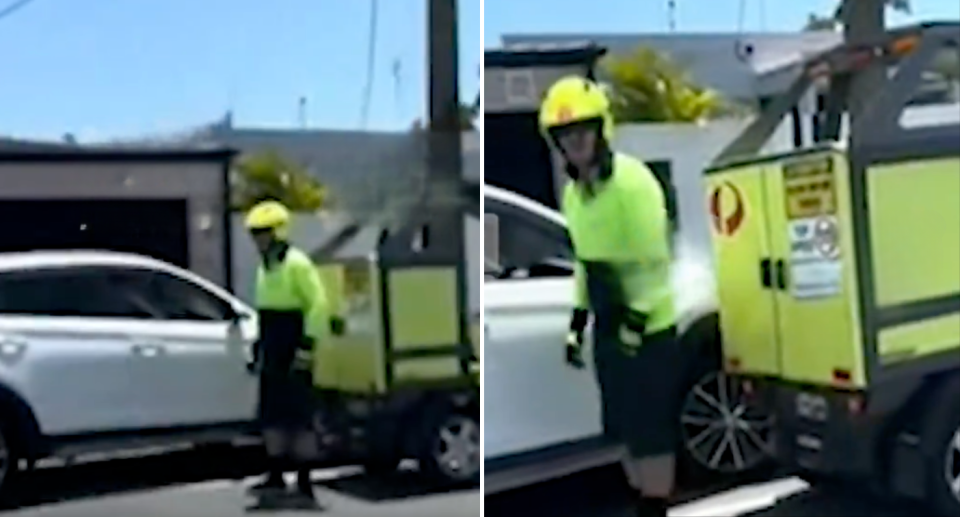 Screenshots of the driver in his Australia Post uniform in front of a white vehicle with an elderly woman in it.