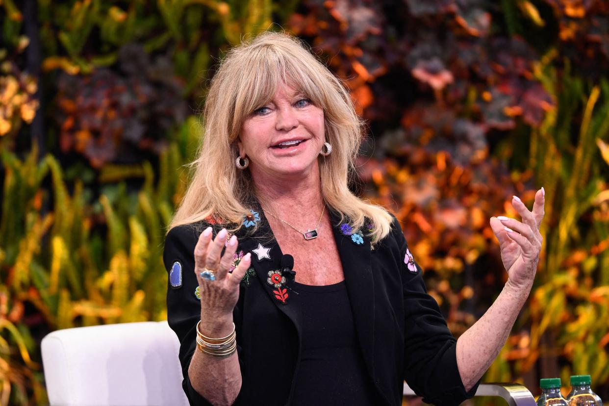 Goldie Hawn speaks in May 2022 during the Milken Institute Global Conference in Beverly Hills, California.