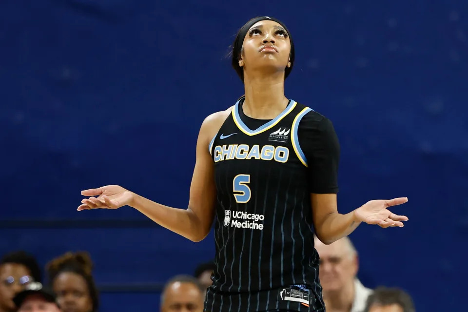 Angel Reese reacts after being ejected during Tuesday night's game against the New York Liberty.