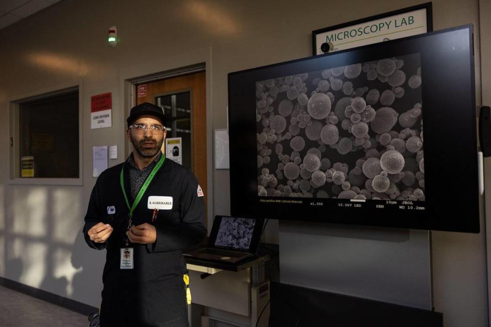 Meysam Shahami talks about lithium in the research and development labs at Albemarle’s Kings Mountain lithium mine site in Kings Mountain, N.C., on Tuesday, December 5, 2023.