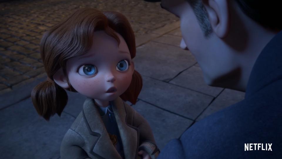 An animated girl looks at a cop.