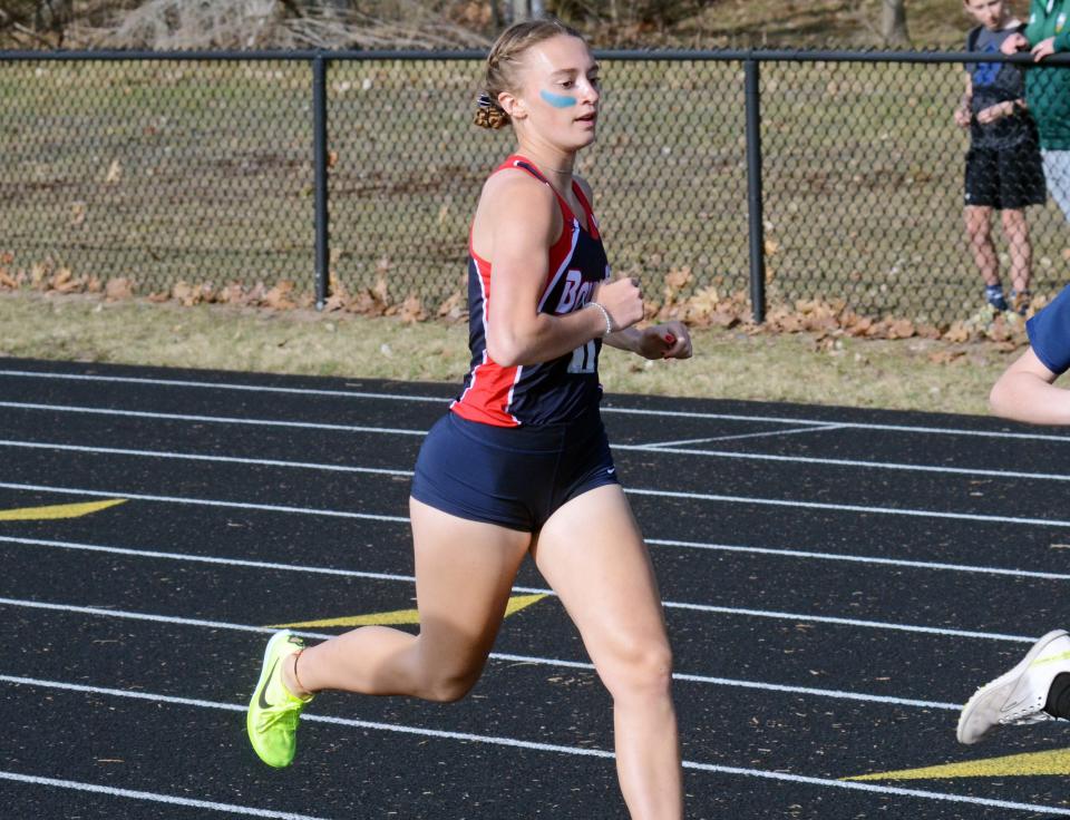 Boyne City's Ava Maginity runs during the 1600 meter run at the Harbor Springs Ram Scram Friday, which she won. Maginity also set a new meet record in the 800 meter run with a first place finish, breaking a mark that stood for 10 years.