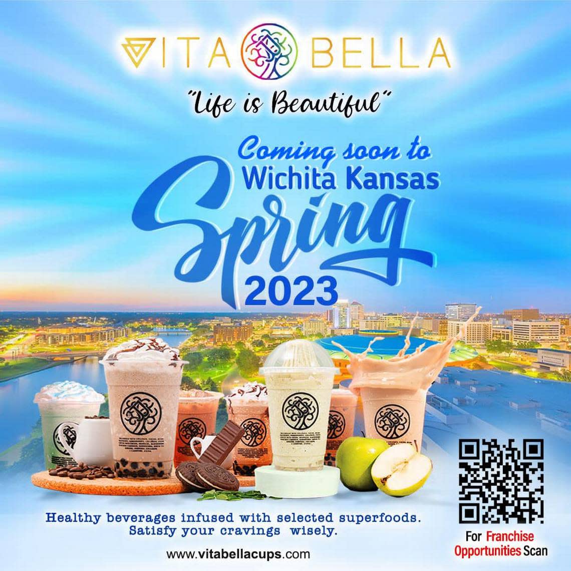 A flyer advertises the impending opening of a Wichita location of Vita Bella.