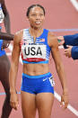 <p>Allyson Felix of the USA looks up after winning the gold medal with her team in the Women's 4x400m Relay Final. Felix now has 11 medals, making her the most decorated American track-and-field athlete in Olympic history.</p>