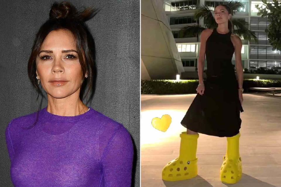 <p>Dominique Charriau/WireImage; Victoria Beckham Instagram</p> Victoria Beckham wears a pair of giant yellow Crocs boots