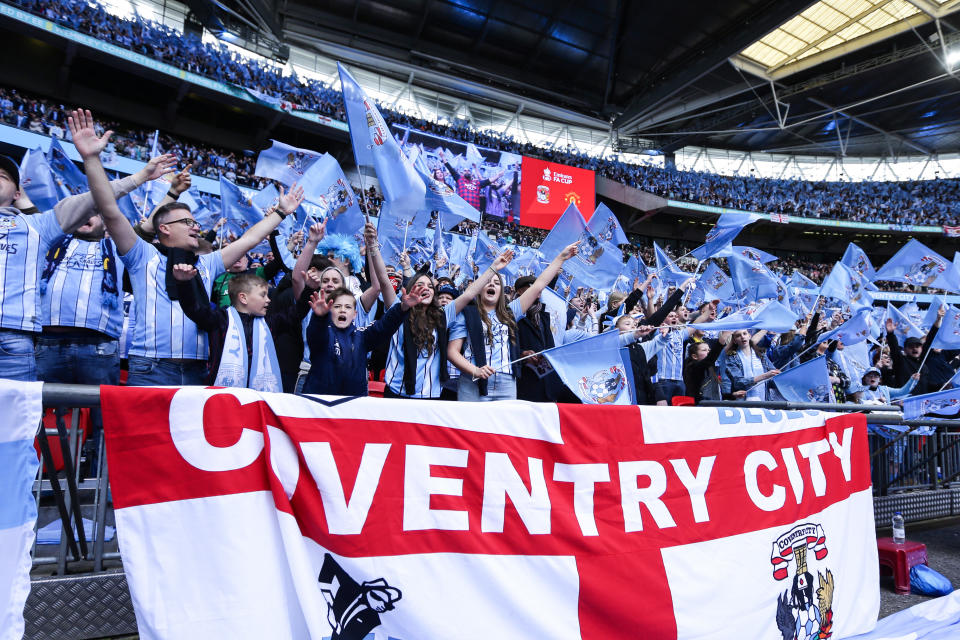 Coventry fans during the FA Cup semi-final match against Manchester United at Wembley Stadium. 