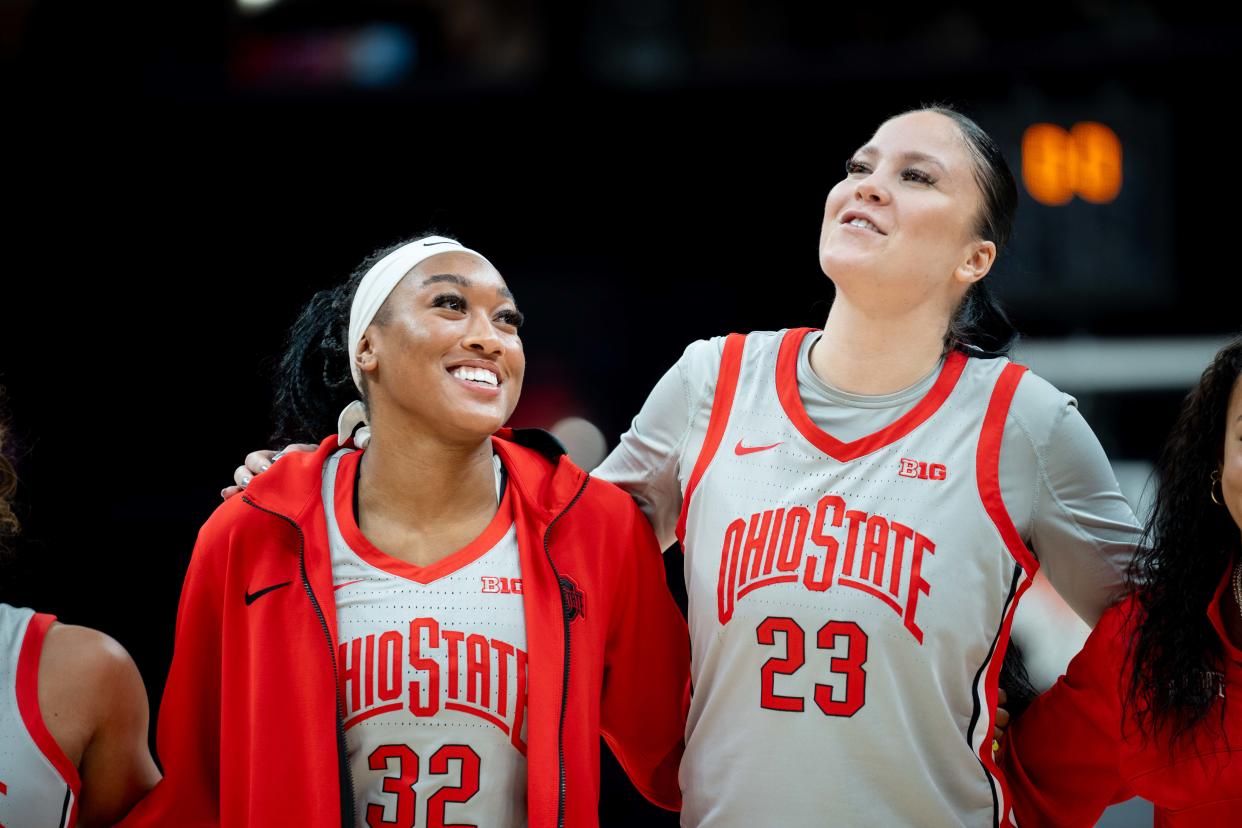 Ohio State Buckeyes forward Cotie McMahon (32) and Rebeka Mikulasikova (23).