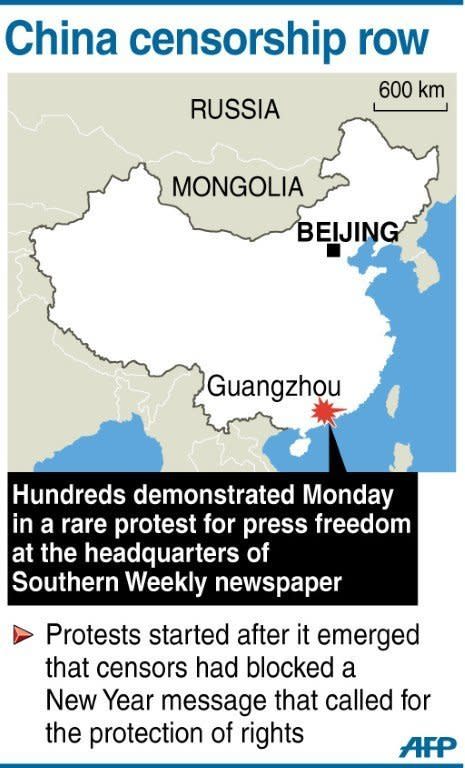 Graphic showing Guangzhou in China. Police allowed a demonstration there on Monday which mainly included young people carrying posters and scattering chrysanthemums, a flower used at funerals in China which has become the protesters' symbol for the loss of press freedom