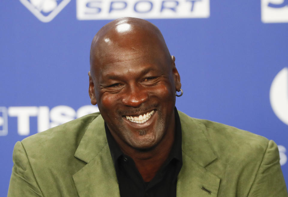 Former basketball superstar Michael Jordan speaks during a press conference ahead of NBA basketball game between Charlotte Hornets and Milwaukee Bucks in Paris, Friday, Jan. 24, 2020. (AP Photo/Thibault Camus))