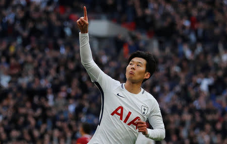 Soccer Football - Premier League - Tottenham Hotspur vs Liverpool - Wembley Stadium, London, Britain - October 22, 2017 Tottenham's Son Heung-min celebrates scoring their second goal REUTERS/Eddie Keogh