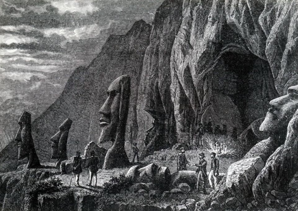 A 19th-century engraving depicting the Moai carved by the Rapa Nui people on Easter Island.
