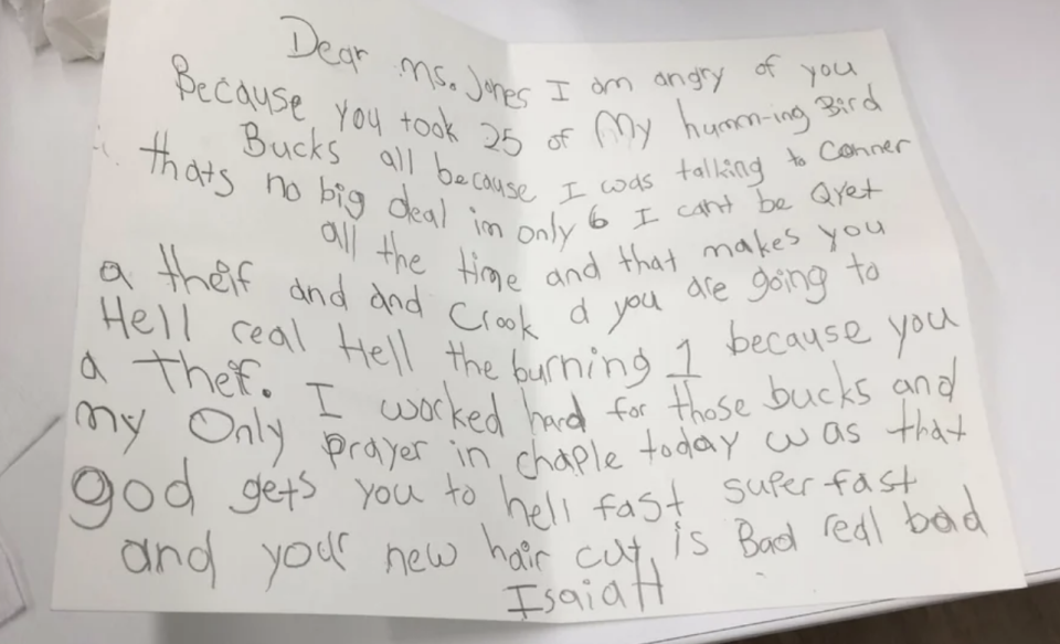 An angry note from a student to a teacher