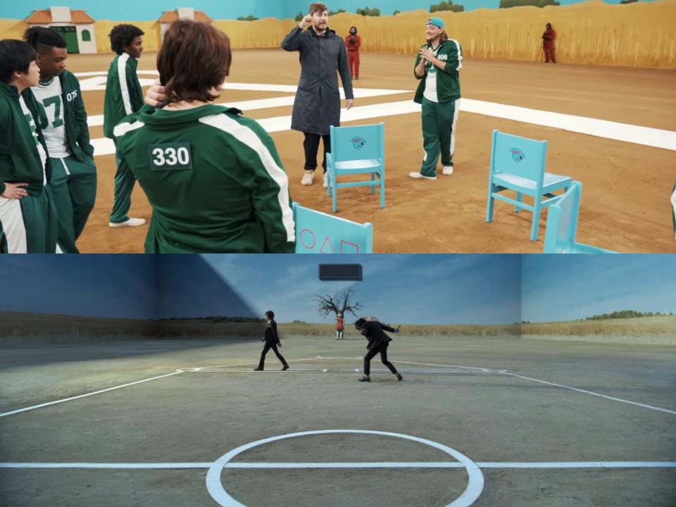 top: a group of people in green jumpsuits and mr. beast, wearing a long grey jacket, standing around a group of light blue chairs. they're on a dirt field with white lines on it that form a square, and past the players, a triangle and circle; bottom: two men in suits on a dirt field in netflix's squid game, a similar pattern of a square, circle, triangle in the background is visible