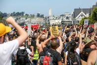 <p>Protesters who showed up to counter-protest Joey Gibson’s press conference, the organizer who cancelled the Crissy Field ” Patriot Prayer”, continue their demonstration despite Gibson cancelling again on August 26, 2017 at Alamo Square in San Francisco, Calif. (Photo: Amy OsborneAFP/Getty Images) </p>