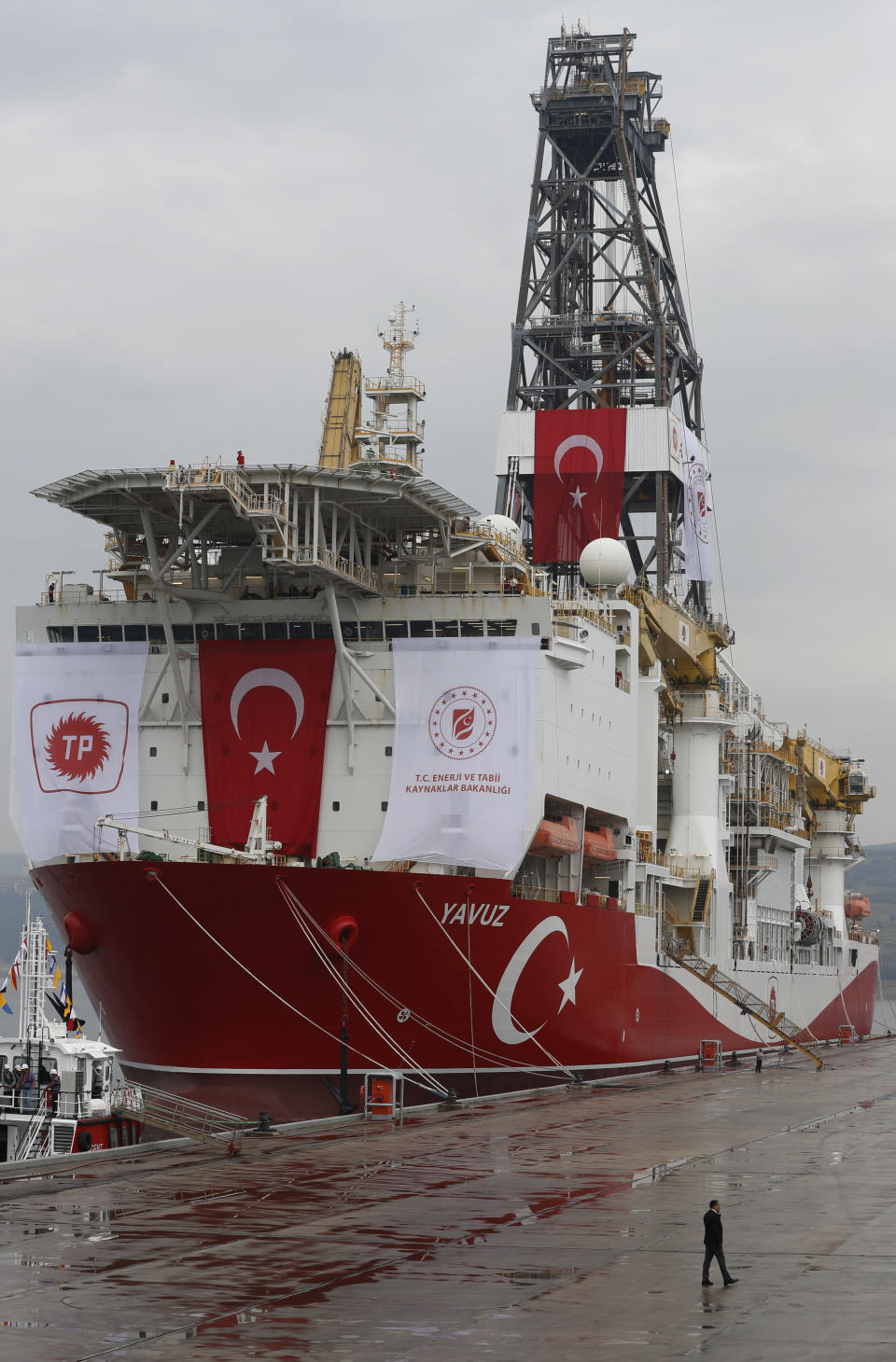 A view of the drilling ship 'Yavuz' scheduled to be dispatched to the Mediterranean, at the port of Dilovasi, outside Istanbul, Thursday, June 20, 2019. Turkish officials say the drillship Yavuz will be dispatched to an area off Cyprus to drill for gas. The Cyprus government says Turkey’s actions contravene international law and violate Cypriot sovereign rights. (AP Photo/Lefteris Pitarakis)