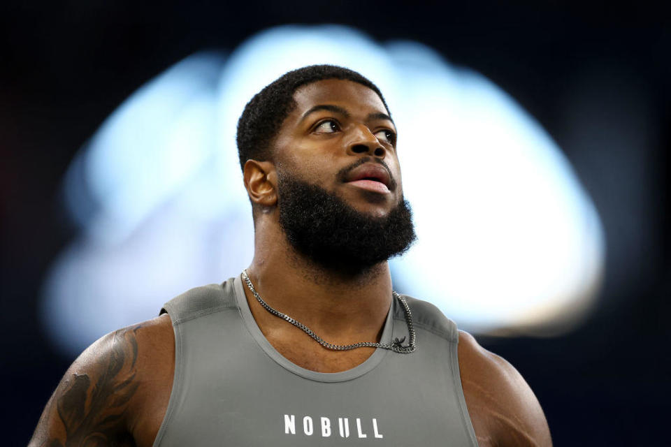 Jared Verse of Florida State runs the the 40-yard dash during the NFL Combine at Lucas Oil Stadium on Feb. 29, 2024, in Indianapolis, Indiana. / Credit: Kevin Sabitus / Getty Images