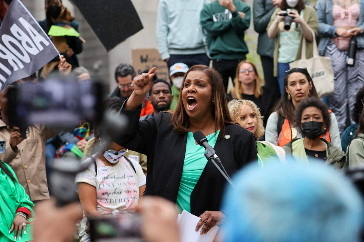 New York Attorney General Letitia James speaks as thousands of abortion rights demonstrators gather at a protest at Foley Square in lower Manhattan on tuesday. (Photo by Tayfun Coskun/Anadolu Agency via Getty Images)
