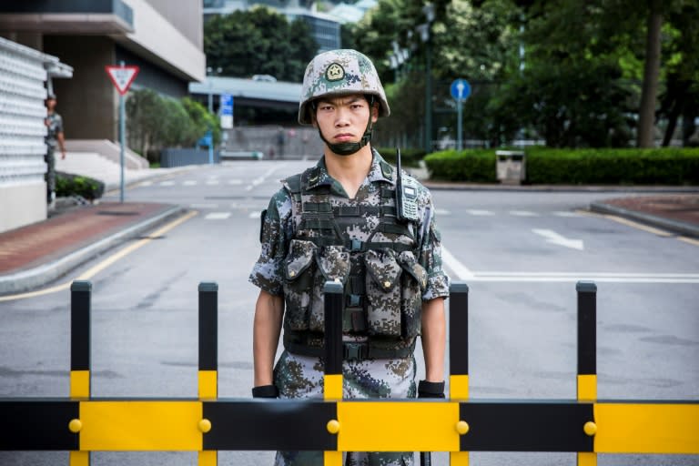 A soldier from the People's Liberation Army, which has a garrison in Hong Kong, but keeps a very low profile