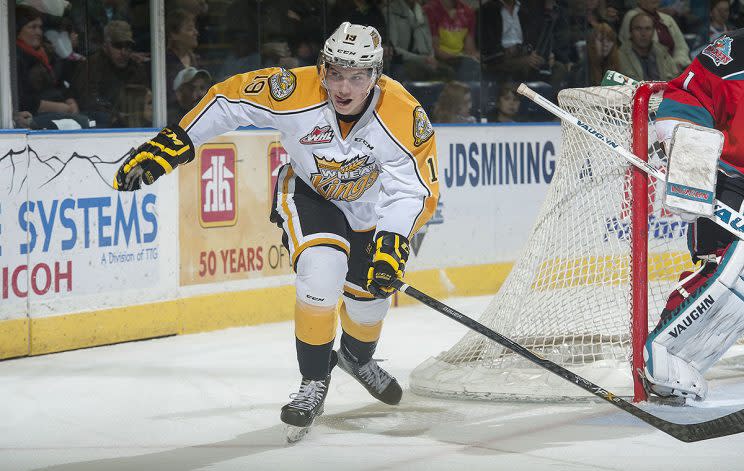 KELOWNA, CANADA - OCTOBER 25: Nolan Patrick #19 of Brandon Wheat Kings skates against the Kelowna Rockets on October 25, 2014 at Prospera Place in Kelowna, British Columbia, Canada. (Photo by Marissa Baecker/Getty Images)